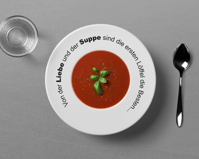 Küchenrückwand "Liebe & Suppe", Acryl- oder Echtglas